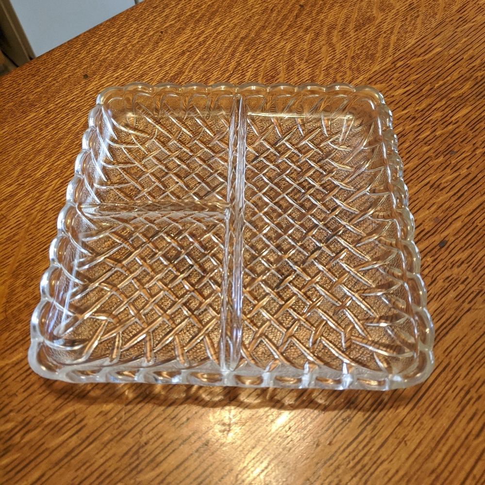 Beautiful vintage clear Crystal square serving tray with 3 separate servingareas